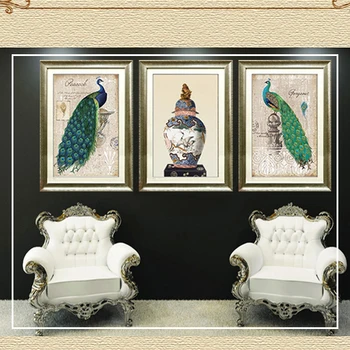Hogar pintura decorativa retro triple de pavo real de pintura de la sala de estar de estilo art deco de pavo real abstracto pinturas en lienzo de la imagen