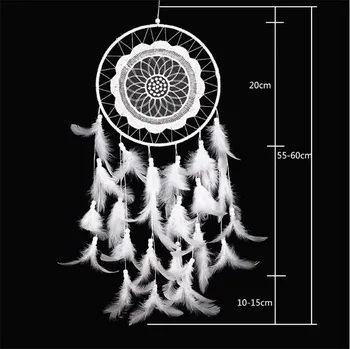 60cm de Encaje Blanco de la Flor de Sueño-Catcher de los Carillones de Viento de Estilo Indio Pluma Colgante Atrapasueños Creativo Colgante de la Decoración de Coche