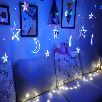 La ventana de la Decoración de la Cadena de Luces LED de la Estrella de la Luna de Hadas de la Cortina de la Guirnalda de Navidad al aire libre de la Casa de la Fiesta de la Boda de Jardín de la Batería AA