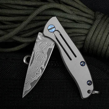 Nueva Llegada mini plegable cuchillo de acero de Damasco hoja TC4 de aleación de titanio de la manija de bolsillo para acampar al aire libre cuchillo Táctico de la Supervivencia de la EDC