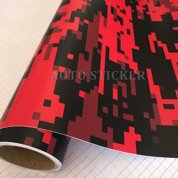 50cm de Ancho Rojo Negro Digital de Camuflaje Película de Vinilo Coche Envoltura de papel de Aluminio Adhesivo de Píxeles de la Motocicleta del Coche de Camuflaje Envoltura de Calcas