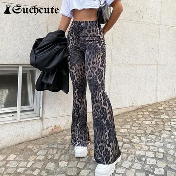 SUCHCUTE de la Impresión del Leopardo de las Mujeres de la Llamarada de Pantalones de Encaje de Cintura Alta del Gótico Pantalones de Ropa de Moda de los años 90 Trajes de Corte de Arranque Pantalones