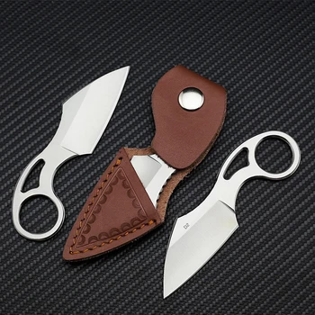 Swayboo D2 anillo de acero de pequeño cuchillo cuchilla fija de acero inoxidable mango mini portátil táctico cuchillo con funda de cuero cordón agujero