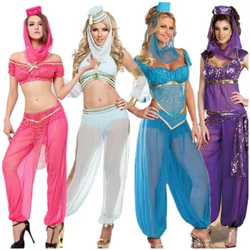 S-XXL Adulto Danza árabe Traje de Conjuntos Sexy Diosa GENIO Jasmine de Aladdin Trajes de Princesa Árabe Vestido de Bailarina de danza del Vientre