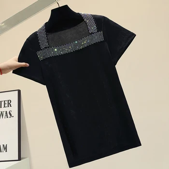 La Industria pesada Fresco Caliente de Perforación las Niñas camiseta Plaza de Cuello Negro/ Blanco Suelto de Manga Corta T-shirts 2020 Verano Nueva Camiseta de Mujer