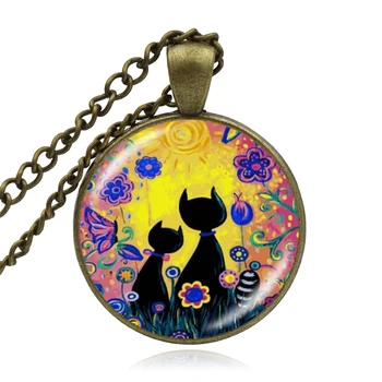 KARAIRIS Nuevo Colorido de los Gatos del Collar de la Foto de la Pintura de Cristal Colgante de la Vendimia Larga Cadena de las Parejas de Gatos Collares de la Joyería Para el Amante