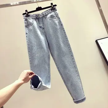 Los pantalones vaqueros de las Mujeres de Nuevo coreano de la Moda Suelta Recortada Pantalones Slim Cintura Alta Retro de la Calle 2020 Mamá Bolsillo de la Cremallera de las Mujeres Pantalones