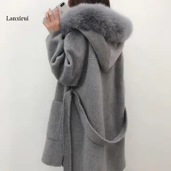 Lana Fox Fur Con Capucha De Las Mujeres Abrigo De Lana De Invierno Cálido Abrigo De Lana Elegante Color Sólido Abrigos Con Cinturón