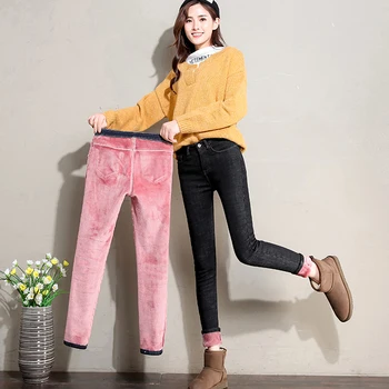 Invierno Gruesa de Jeans para Mujeres 2019 Invierno Alta de la Cintura Elástico Skinny Mujer de Terciopelo Pantalones Vaqueros Mujer Caliente del Dril de algodón Pantalones Lápiz