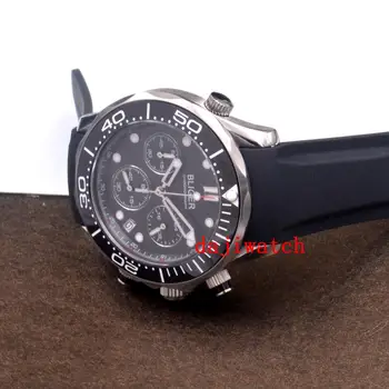 Bliger41mm de lujo GMT negro del dial de los hombres reloj de cuarzo, cristal de zafiro giratorio bisel de cerámica, cinta negra