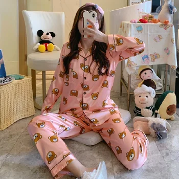 Satén de Seda del Pijama para Mujer Conjunto de pijama de Otoño en Primavera de Manga Larga de las Mujeres ropa de Dormir Conjunto de Chaqueta de Más Tamaño ropa de dormir Pijama 2 piezas