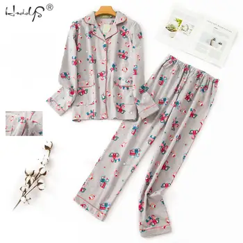 Corea Pijama de Turn-down Collar de Pijamas de las Mujeres de Algodón de Manga Larga Pijamas de Mujer Otoño Invierno Casual ropa de dormir Con Bolsillo