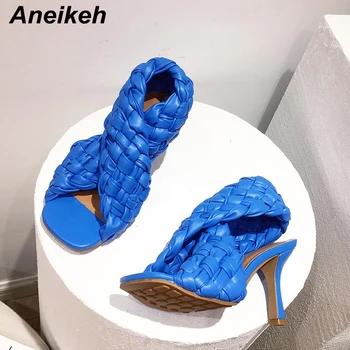 Aneikeh 2020 Nuevo de alta calidad de Tejido de PU Sandalias de las Mujeres Sexy de Verano zapatos de Tacón de Aguja de Gladiador de las Bombas de los Zapatos Zapatos De Mujer 35-42
