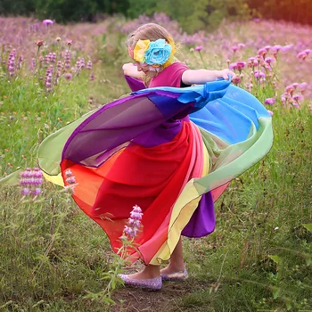 VOGUEON de la Nueva Llegada de las Niñas de la Moda arco iris Vestido de Malla O-cuello de los Niños Ropa de los Niños la Fiesta de Carnaval de la Vendimia Vestidos De la Fotografía