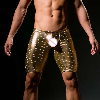 Hombres Sexy De Poliéster Casual Pantalones Cortos De Moda 2020 Estrella De Cuero Divertido Salón De Satén De Pijama Corto Polainas