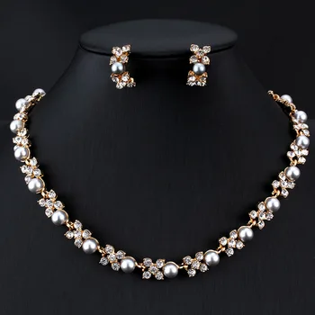 Jiayijiaduo Imitación de la perla sistema de la joyería de la boda Para las mujeres vestido de accesorios del Collar de la conjunto de aretes de Oro de color de la Flor de regalo
