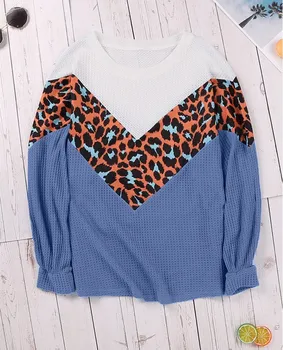 Kintting de Ropa de Mujer 2020 O-Cuello de Leopardo Patchwork Suéteres Pullovers Tops de Mujer de Larga Duración Suelto Suéter para Mujer de Punto
