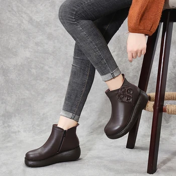 Glglgeg las Mujeres de la Plataforma Plana Zapatos Otoño Invierno Zapatos de Cuero Genuino Botas de Tobillo para las Mujeres Calzado de la Vendimia de las Señoras de botines de 2020
