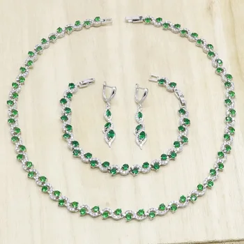 Color plata Nupcial Conjuntos de Joyas Para Mujer Verde Semi-preciosas Collar Pendientes Pulsera de Aniversario, Regalo de Cumpleaños