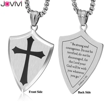 Jovivi 1x Cruz de Acero Inoxidable Fe Escudo Grabado Josué 1:9b la Armadura de Dios, Colgante, Collar de 24