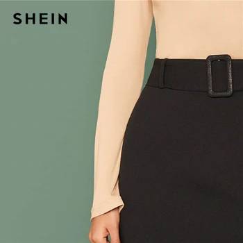 SHEIN Negro Hebilla de Cinturón de seguridad Sólido Faldas para Mujer Otoño Sólido Elástico Cintura Alta Elegante Una Línea de Mini Falda