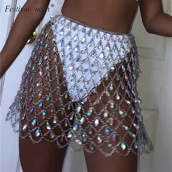 FestivalQueen boho cristal de lentejuelas de las mujeres de cadena de metal de la falda de 2018 playa de verano hueco brillante hecho a mano mini faldas