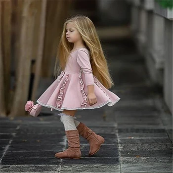 Niño niña algodón de color rosa de manga larga casual vestido de bebé niña vestido de primavera