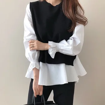 2PCS Mujeres Guarniciones de Otoño con Volantes de Manga Larga T-Shirt Y tejidos de Punto Chaleco Negro de las Nuevas Mujeres de Traje de Dos piezas Japonés Casual Tops