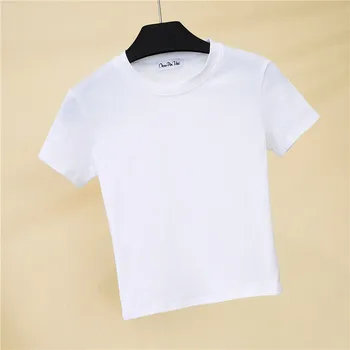 Recortar la parte Superior de la Camiseta Femenina Sólido de Algodón O-Cuello de Manga Corta camisetas para las Mujeres de Cintura Alta Delgada Corto de Deporte Blanc Femme T-Shirt