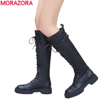 MORAZORA 2021 Nueva moda de estiramiento de la rodilla botas altas de las mujeres de encaje hasta la hebilla de la temporada otoño-invierno de las señoras de botas de botas botines negro
