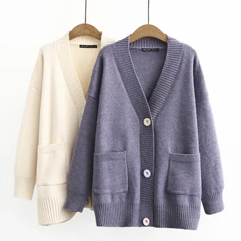 Nuevas damas de otoño invierno plus tamaño de punto suéter chaqueta para las mujeres de gran tamaño de manga larga bolsillo de botón blanco de la chaqueta de la capa 4XL 5XL 6XL