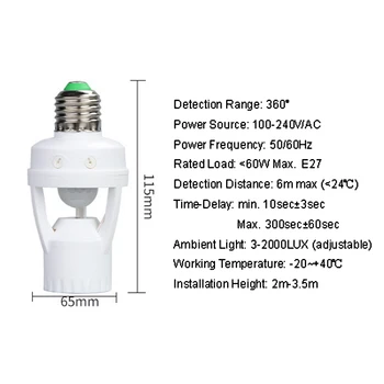 100-240V Sensor de Movimiento PIR Socket E27 Titular de la Lámpara Inteligente Automática de Inducción Interruptor E27 Base de la Lámpara con Sensor de Ampolla Adaptador de Infrarrojos