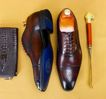 2020 Italiano Hecho A Mano Negro Marrón Jefe De Oxford Zapatos De Vestir Para Hombre De Cuero Genuino Traje De Zapatos De Calzado De Novia Formal Esmoquin Zapatos