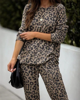 Leopardo de Impresión de Chándal de Mujer Set de Dos piezas de Otoño de Ropa de Jersey Top y Pantalones de Sudor Trajes Femeninos de Ocio, Salón de Desgaste Trajes