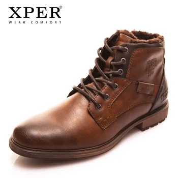 XPER Otoño Invierno de la Moda de los Hombres Botas de Estilo Vintage Casual Hombres Zapatos de cordones Cálida Felpa Botas a prueba de agua XHY12504BR/M