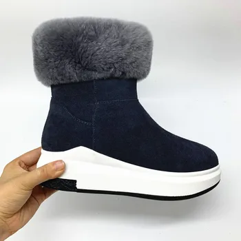 De Cuero genuino Botas de Nieve de la plataforma plana caliente del invierno de las mujeres de tobillo Botas piel de verdad Femal Zapatos negro gris de gran tamaño 33-43