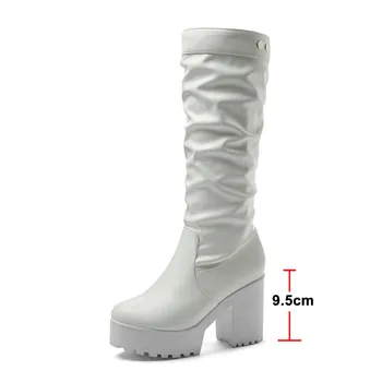 ANNYMOLI de la Rodilla Botas Altas de las Mujeres Zapatos de Plisado de la Plataforma de Extrema Tacón Alto Botas de Señora de Remache Bloque Tacones Slip-On con Botas de Blanco 43