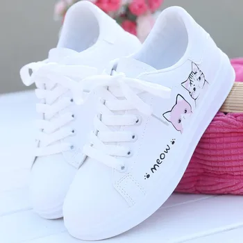 2020 Las Mujeres Adolescentes Casual Pisos Zapatos De Lona De La Moda De Gato De Dibujos Animados Patrón De Mujer Otoño Zapatos De Color Blanco Sólido Skateboard Zapatos