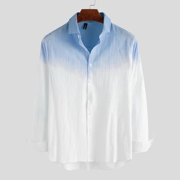 INCERUN de la Solapa de los Hombres Collar Colgante Teñido Gradiente de Botón de camisa de Manga Larga Transpirable Delgada Blusa Camisa Masculina Más Size7