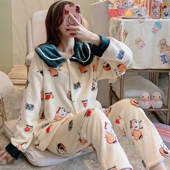 SLPBELY de dibujos animados Flanne Femenino Pijama Conjunto Precioso de Espesor Animal Sleepwears de Manga Larga de Casa de Invierno Ropa Cómoda ropa de hogar