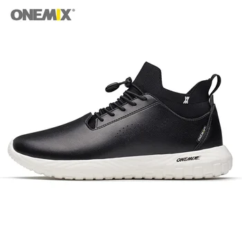 Onemix Hombre Zapatillas para Hombres Negro Microfibra de Cuero del Diseñador de Pista de Jogging, Zapatillas de Deporte al aire libre Caminar Calcetines de Formadores